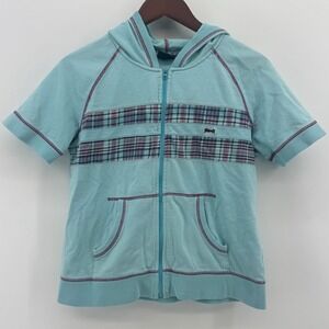 Le Tigre Short Sleeve Full Zip Hoodie Aqua Blue Plaid Stripe  XL Cotton